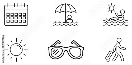 Summer Icons Set: A collection of simple, elegant line icons capturing the essence of a refreshing summer getaway, perfectly suited for vacation planning and travel promotions.