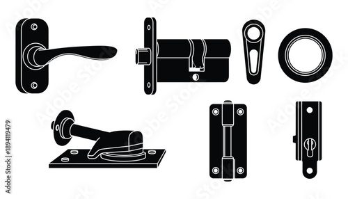 Door hardware silhouette set collection of modern handles bolts and lock accessories vector