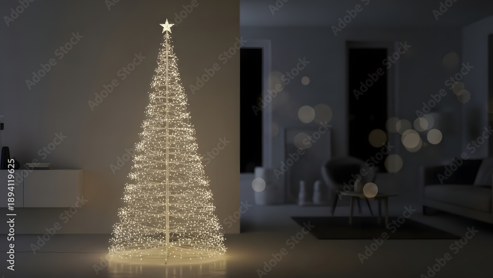 Fototapeta premium A brightly lit christmas tree standing alone in a dimly lit room with modern decor