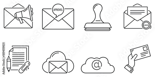 Communication Essentials: A collection of various line-art illustrations, symbolizing a range of communication methods and digital interaction.