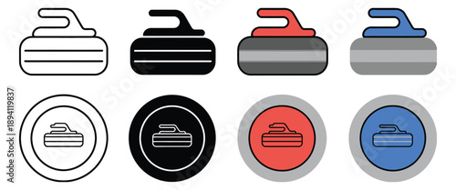 Curling rock or stone, clipart illustration with outline, silhouette and full color versions, winter ice sport equipment, vector design.