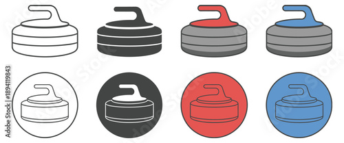 Curling rock or stone, clipart illustration with outline, silhouette and full color versions, winter ice sport equipment, vector design.
