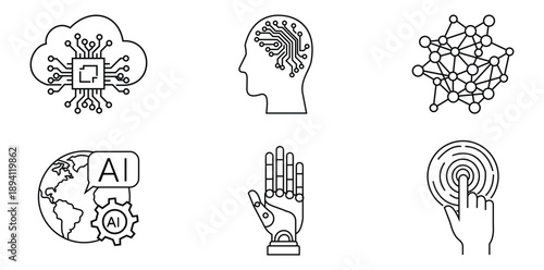 AI and Technology Icons: A collection of modern and dynamic icons represents various aspects of AI, robotics, and the digital future, perfect for illustrating innovation and technological advancement.