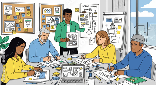 Diverse Business Team Collaborating on UI UX Design Sprint in Office Meeting