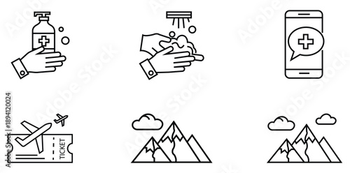 Pandemic Safety and Travel Icons: This illustrative set shows hand-washing, sanitization, and travel icons, embodying crucial aspects of safety and the tourism sector in the post-pandemic era.