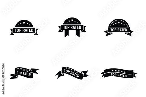 Top Rated Badge and Ribbon Label Icon Set in Black Vector Illustration.