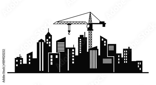 A striking black cityscape featuring a prominent construction crane rendered as a bold graphic silhouette high quality professional detailed modern elegant