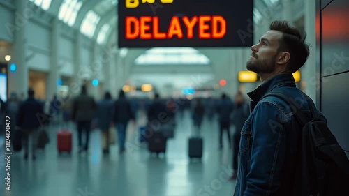 A man waits with luggage in a busy airport terminal, looking up at a digital display board showing DELAYED in red letters, signifying travel disruption and frustration. 