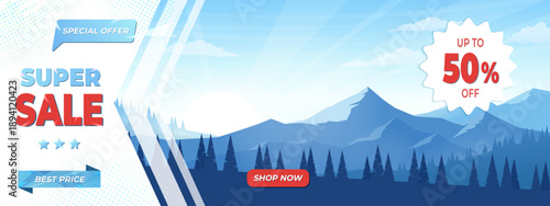 Sale banner with mountain landscape. Special sale offer with discount and best price. Vector illustration.