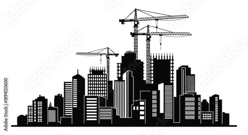 A stark black cityscape featuring multiple construction cranes rising above building silhouettes creating a dramatic skyline silhouette high quality professional detailed