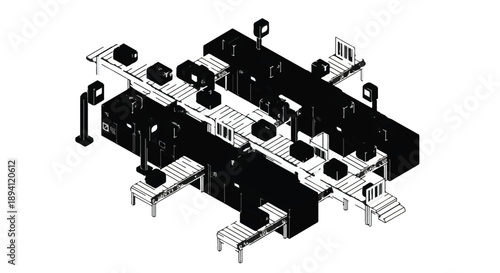 Modern industrial factory warehouse with machines and production line in isometric 3D illustration for business technology and engineering concepts