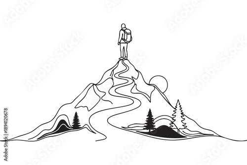 One Line Drawing of Mountaineer Achievement and Outdoor Exploration