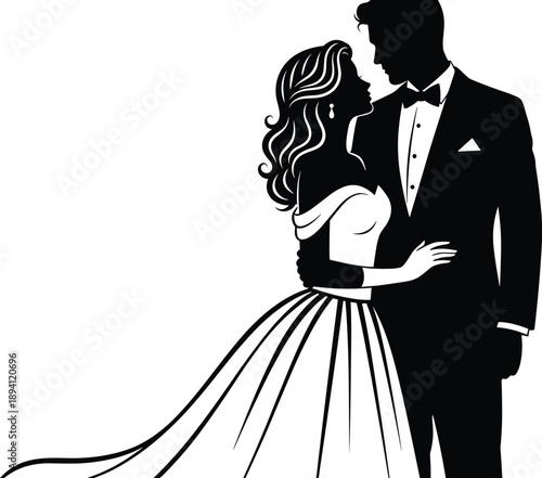 Elegant wedding couple silhouette, bride in gown and groom in tuxedo embracing, romantic marriage celebration icon, formal dress, white background.