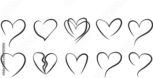 A collection of hand drawn hearts in various styles and sizes