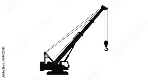 A stark black silhouette of a construction crane with a raised boom and cable showcasing industrial power silhouette high quality professional