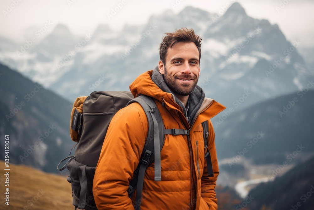 Obraz premium Happy man standing with backpack, admiring mountain peaks