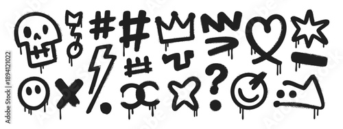 Black and white doodle style graffiti elements including skulls hearts and symbols