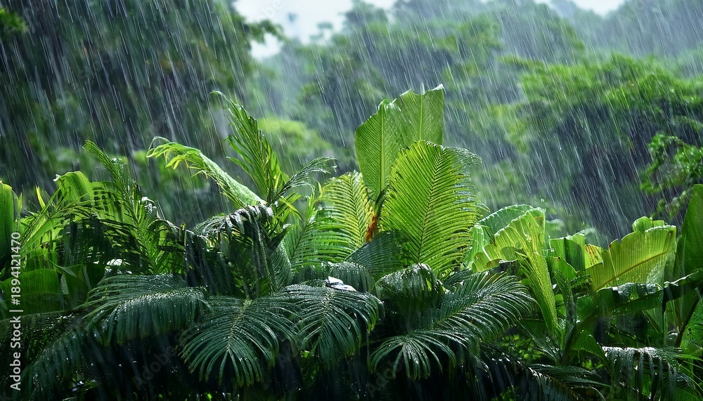 Naklejka premium heavy tropical rain falling on lush green foliage