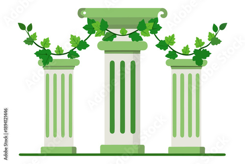 Greek Temple Column Set with Ivy Vines Climbing Around
