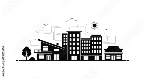 A minimalist cityscape illustration features buildings trees clouds and a sun presented in a striking black silhouette high quality professional detailed