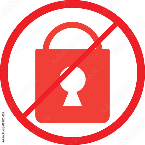 Red prohibition sign with a padlock inside on a white background symbol