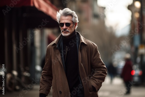 Wallpaper Mural Stylish elderly man in sunglasses and brown coat walking confidently on an urban street Torontodigital.ca