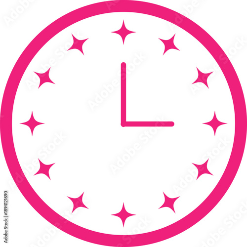 Pink clock face with pink hands and pink starbursts around the dial on white background Keywords