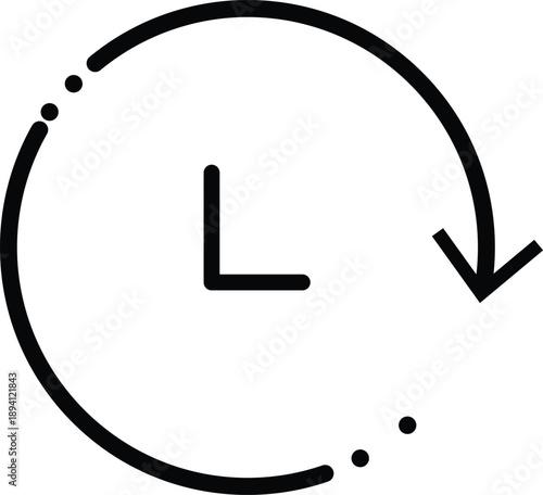 Black circular arrow with clock hands indicating time passing on a white background