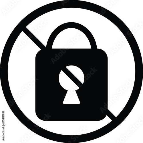 Black and white of a padlock with a prohibition symbol indicating no access or security restriction