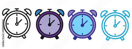 A row of four alarm clocks in distinct styles including outline and filled designs in various colors