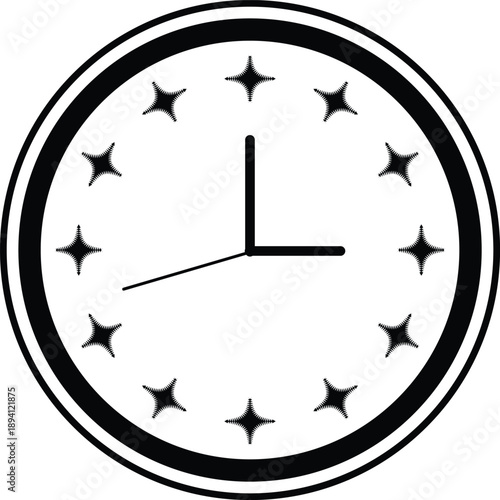 Black and white clock face with black hands and black starbursts around the dial Keywords: clock