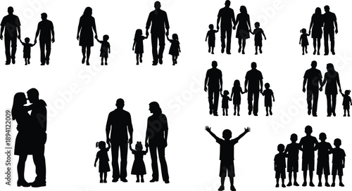 Family traveling with suitcases in airport silhouette, parents and child carrying luggage and toy airplane for summer vacation trip departure.