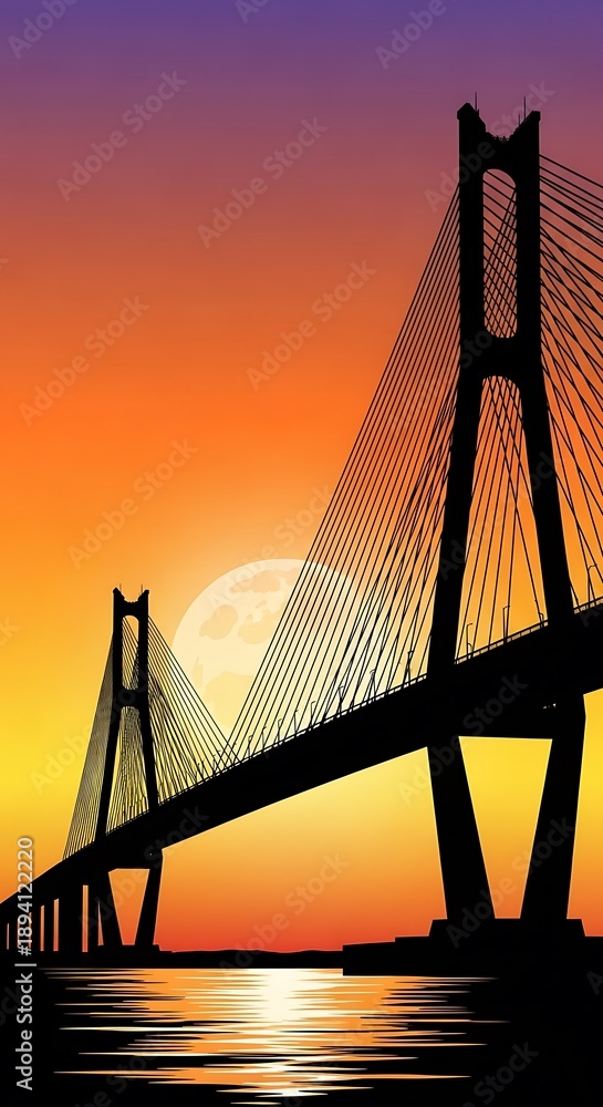 Obraz premium Silhouette of cable-stayed bridge at sunset.