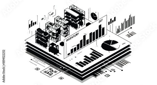 Business data analysis and statistics concept with graphs charts and infographics on layered documents in modern technical illustration style