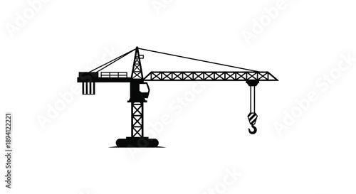 A stark black silhouette of a construction crane stands prominently against a white background illustrating industrial strength and engineering silhouette