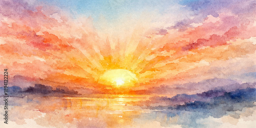 Beautiful sunset and sunrise over the sea with a dramatic orange sky and bright clouds reflecting natural light across a colorful summer landscape at dusk