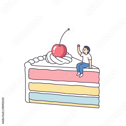 Tiny person sitting on a giant slice of pastel rainbow cake with cherry on top