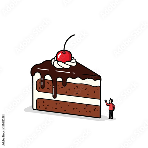Tiny Person Admiring Giant Chocolate Cake Slice with Cherry