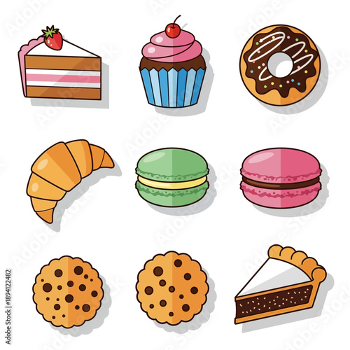 Sweet Desserts Collection: Cake, Cupcake, Donut, Croissant, Macarons, Cookie, Pie