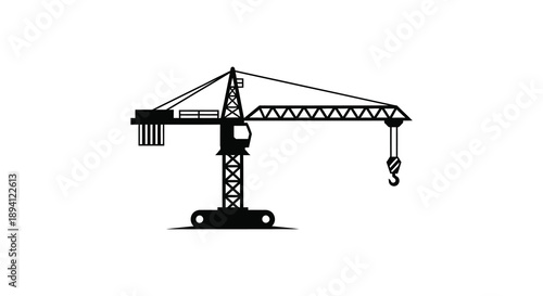 A stark black silhouette of a construction crane stands against a white background showcasing industrial power and design silhouette high quality