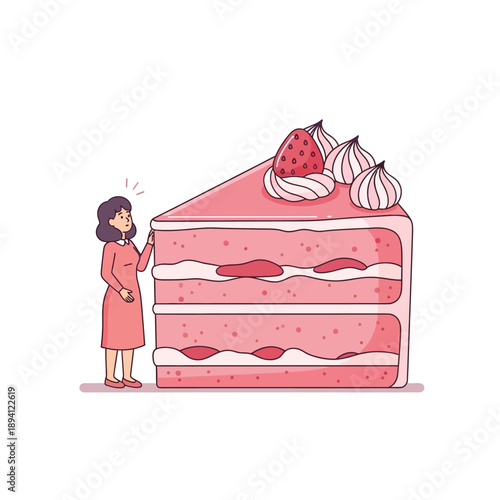 Woman Admiring Giant Pink Strawberry Layer Cake Slice with Cream and Fruit