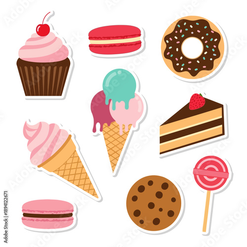 Sweet Desserts Collection: Cupcake, Ice Cream, Donut, Macaron, Cookie, Cake