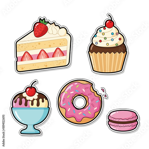 Assortment of Sweet Desserts: Cake, Cupcake, Donut, Ice Cream, Macaron - Vector Art