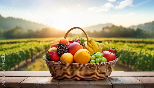 different kind of fruits in a wooden basket with a background of farm full of plants