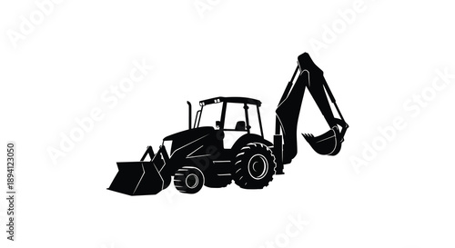 A stark black silhouette depicts a backhoe loader showcasing its mechanical arm and front bucket silhouette high quality professional detailed modern