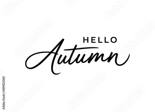 Elegant cursive lettering spells out hello autumn on a white background