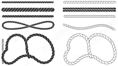 Decorative rope design element, clipart illustration with straight, wavy, and curved styles, nautical and craft concept, vector illustration
