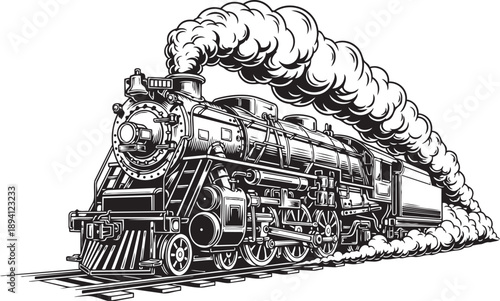Vintage steam locomotive illustration with billowing smoke viewed from the side