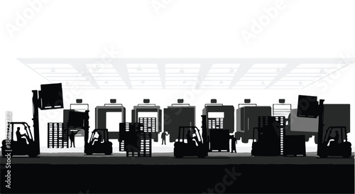 Industrial factory machines and equipment in modern warehouse with bright lighting and white background, manufacturing production line