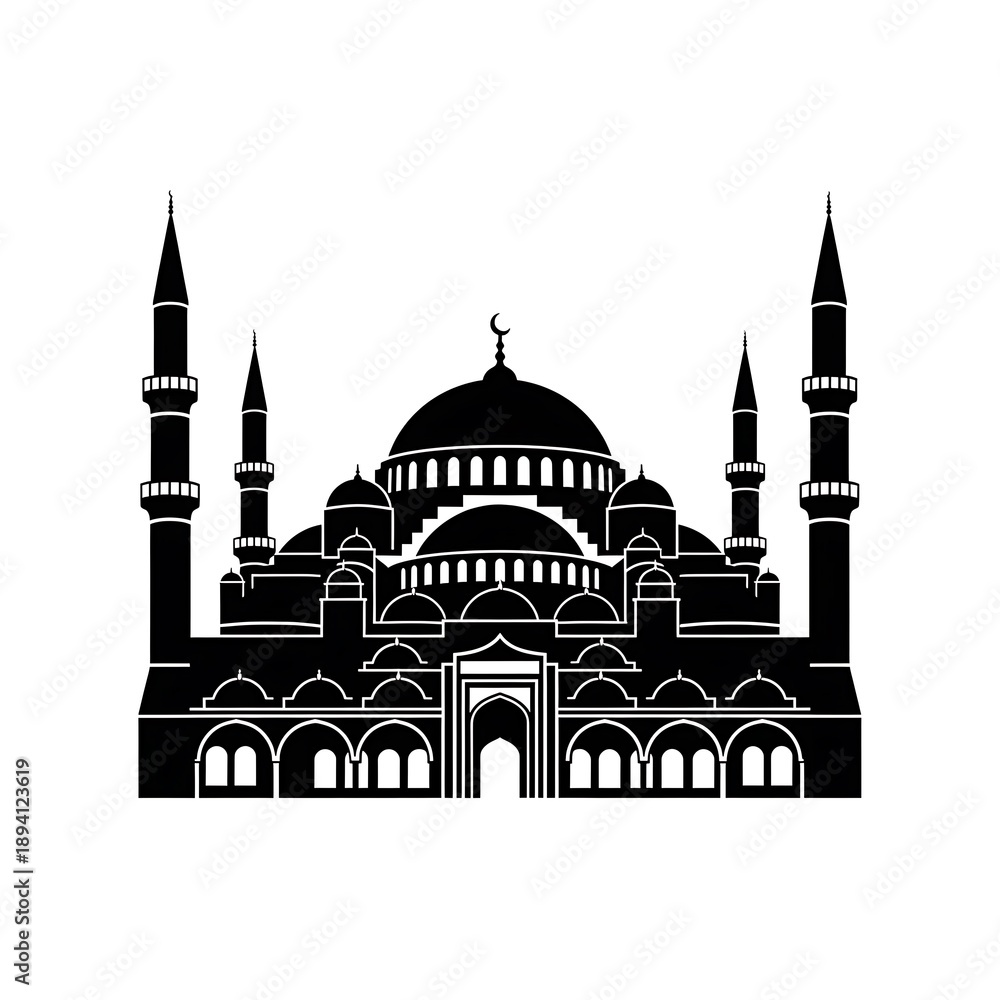 Fototapeta premium Mosque silhouette with minarets and dome.